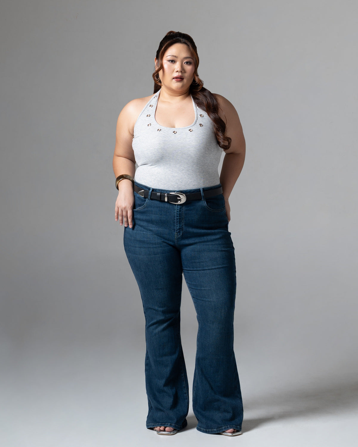 Kelly Flare Jeans Dark Blue, big size, tampak depan