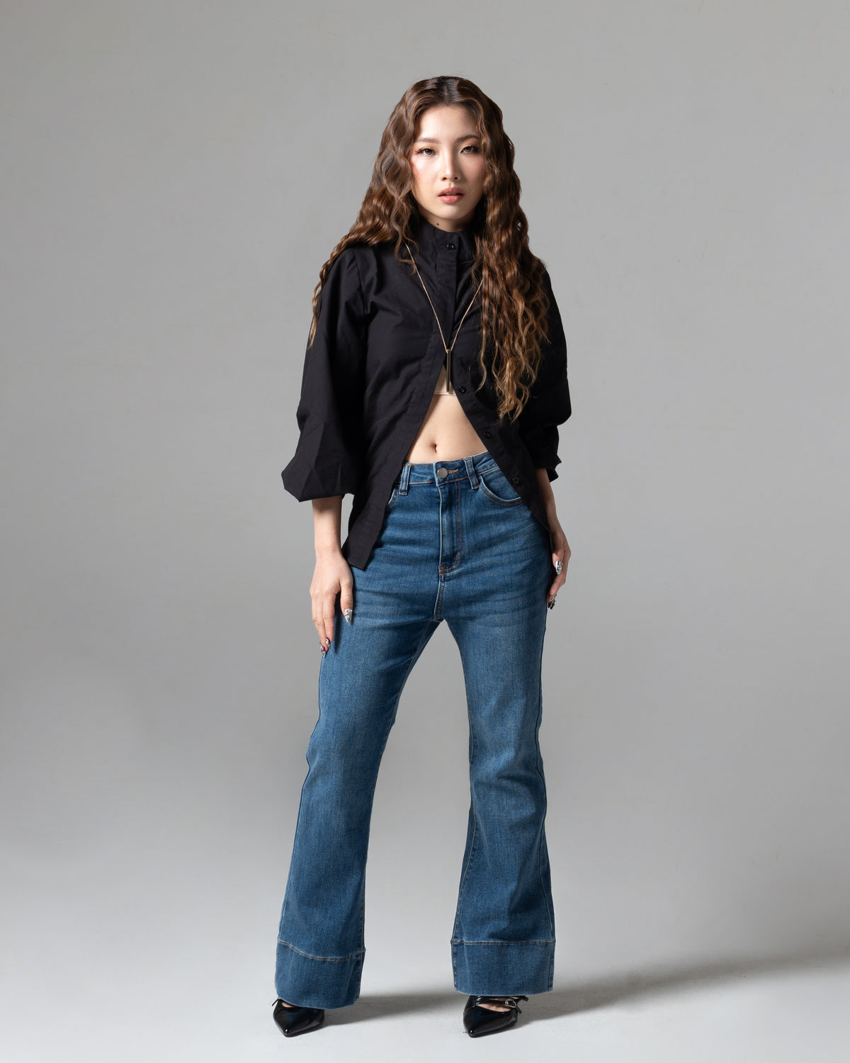 Ashley Flare Jeans Petite Dark Blue, petite size, tampak depan