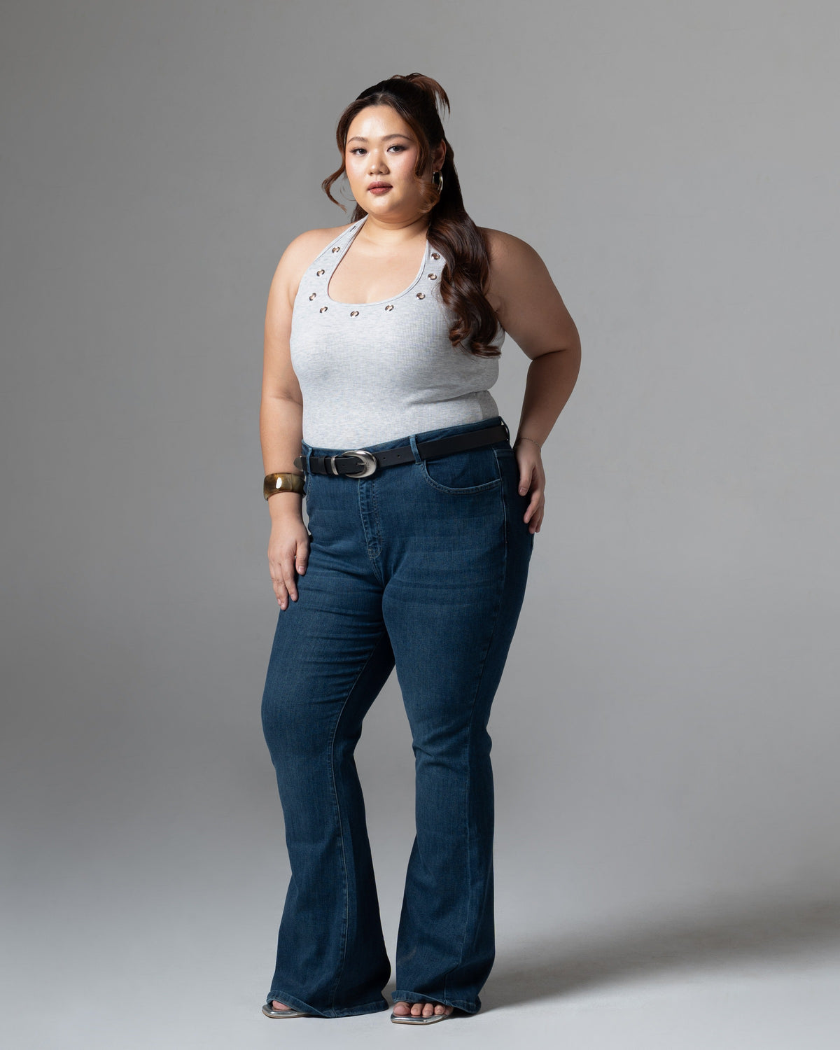 Kelly Flare Jeans Dark Blue, big size, tampak depan