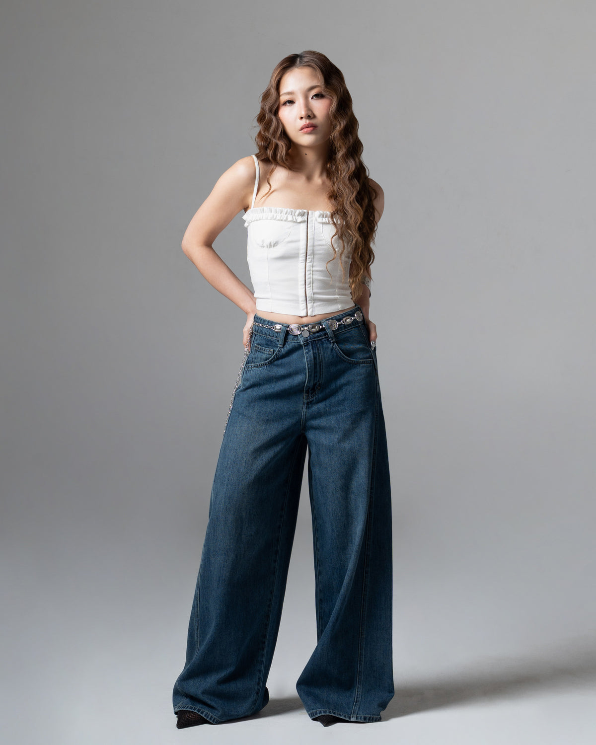 Real Wideleg Jeans Dark Blue, petite, tampak depan